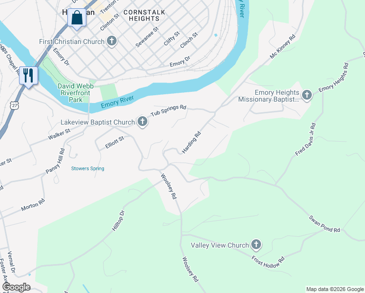 map of restaurants, bars, coffee shops, grocery stores, and more near 245 Harding Road in Harriman