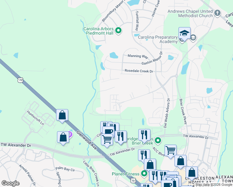 map of restaurants, bars, coffee shops, grocery stores, and more near 1206 Oysterwood Lane in Durham