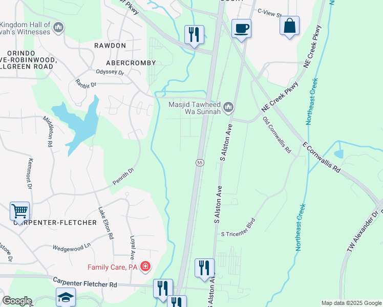 map of restaurants, bars, coffee shops, grocery stores, and more near 3614 North Carolina 55 in Durham
