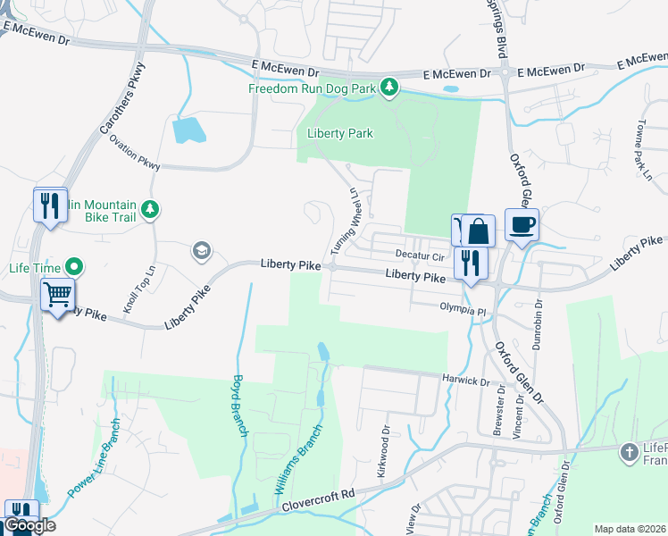 map of restaurants, bars, coffee shops, grocery stores, and more near 1904 Turning Wheel Lane in Franklin
