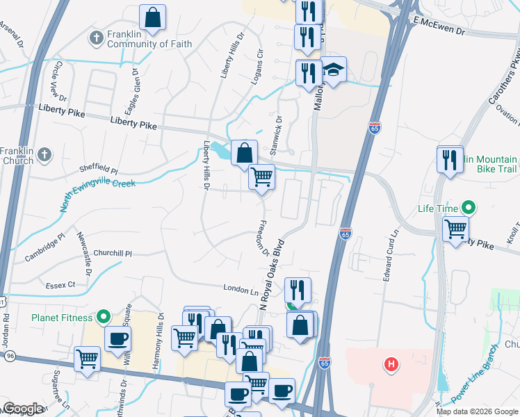 map of restaurants, bars, coffee shops, grocery stores, and more near 601 Independence Drive East in Franklin
