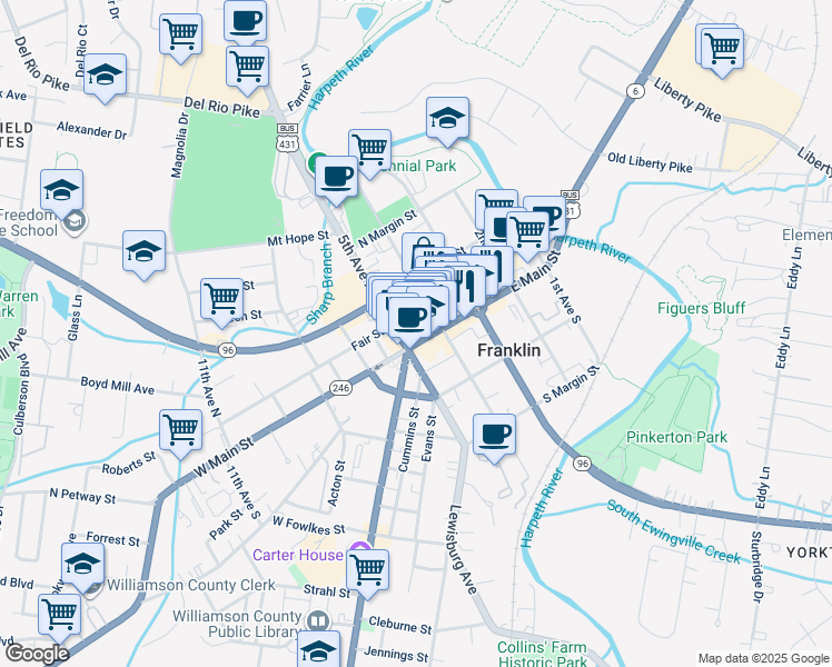 map of restaurants, bars, coffee shops, grocery stores, and more near 117 4th Avenue North in Franklin
