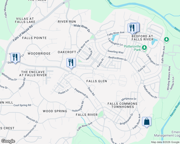 map of restaurants, bars, coffee shops, grocery stores, and more near 1921 Falls Landing Drive in Raleigh
