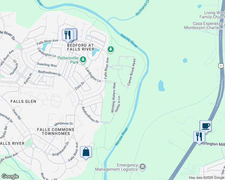 map of restaurants, bars, coffee shops, grocery stores, and more near 3215 Rain Forrest Way in Raleigh