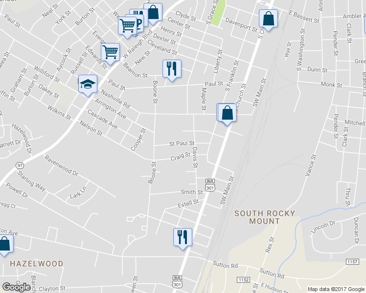 map of restaurants, bars, coffee shops, grocery stores, and more near 423 Saint Paul Street in Rocky Mount