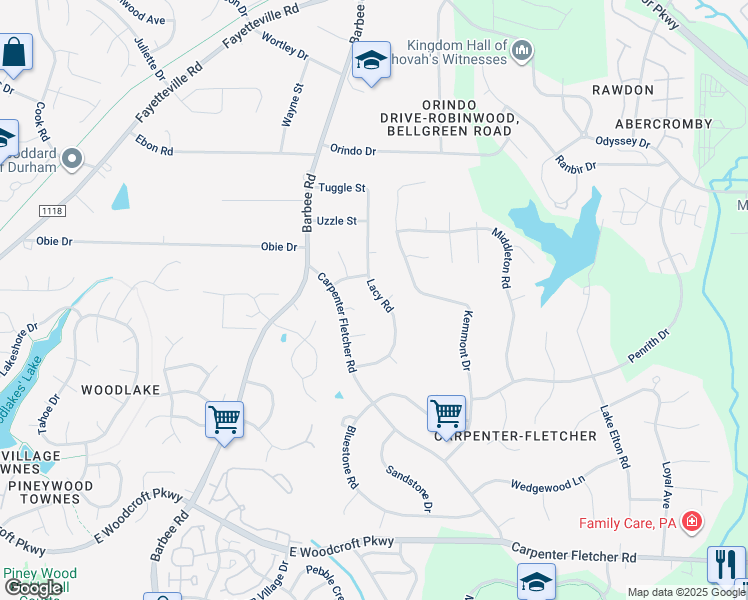 map of restaurants, bars, coffee shops, grocery stores, and more near 5412 Lacy Road in Durham
