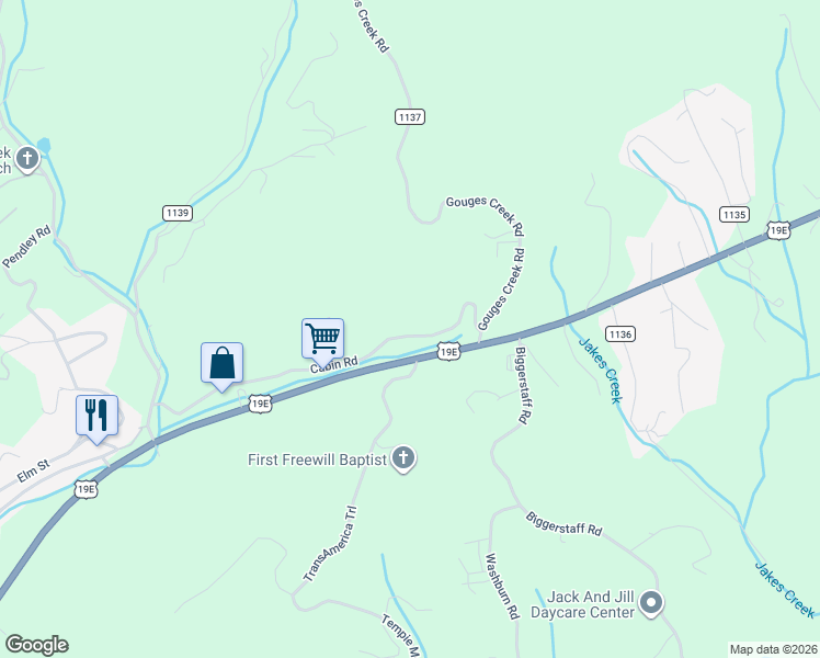 map of restaurants, bars, coffee shops, grocery stores, and more near 621 Cabin Road in Spruce Pine
