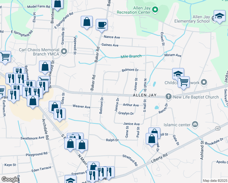map of restaurants, bars, coffee shops, grocery stores, and more near 2717 Lafayette Place in High Point