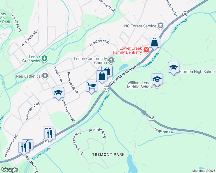 map of restaurants, bars, coffee shops, grocery stores, and more near 1005 Wilkesboro Boulevard in Lenoir