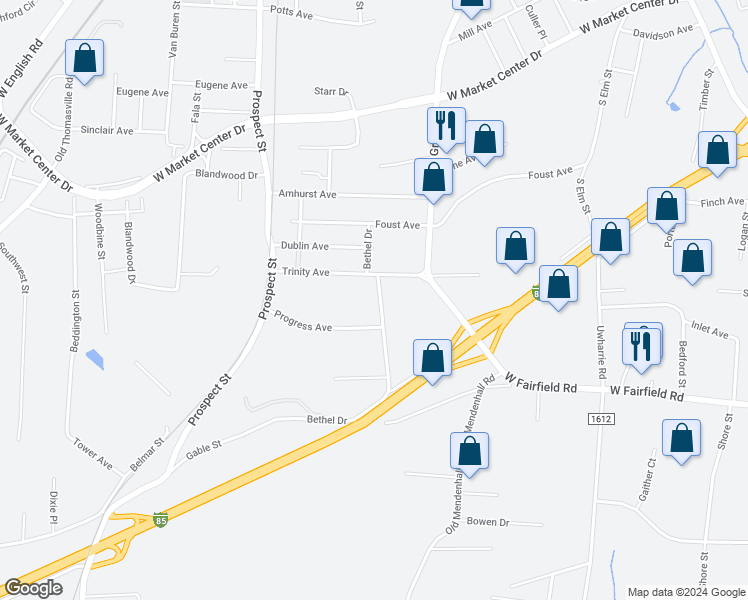 map of restaurants, bars, coffee shops, grocery stores, and more near 1412 Bethel Drive in High Point