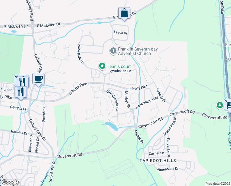 map of restaurants, bars, coffee shops, grocery stores, and more near 1302 Fenner Court in Franklin