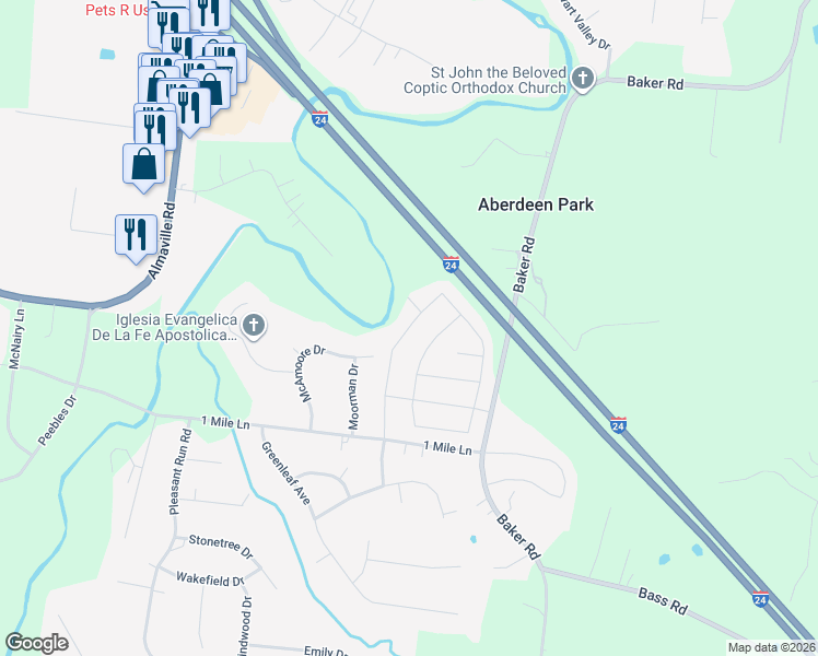 map of restaurants, bars, coffee shops, grocery stores, and more near 127 Neecee Drive in Smyrna
