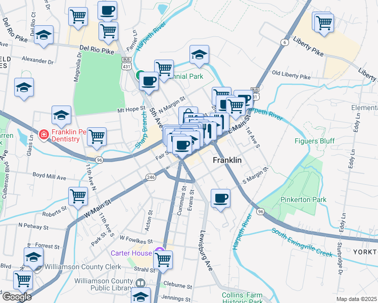 map of restaurants, bars, coffee shops, grocery stores, and more near 117 4th Avenue North in Franklin