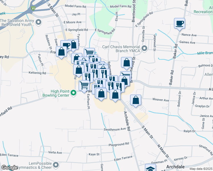 map of restaurants, bars, coffee shops, grocery stores, and more near 110 East Fairfield Road in High Point