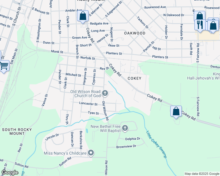 map of restaurants, bars, coffee shops, grocery stores, and more near 1036 Burt Street in Rocky Mount