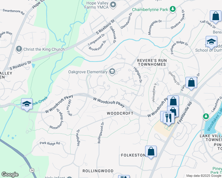map of restaurants, bars, coffee shops, grocery stores, and more near 936 West Woodcroft Parkway in Durham