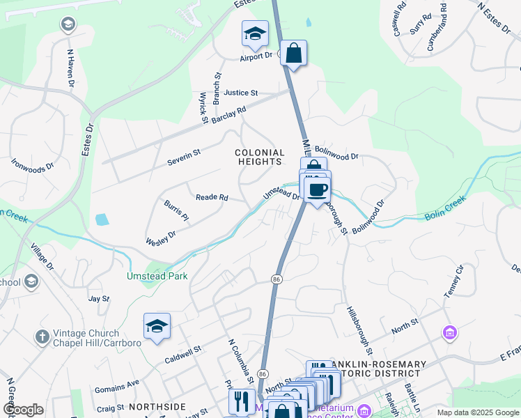 map of restaurants, bars, coffee shops, grocery stores, and more near 702 Bradley Road in Chapel Hill
