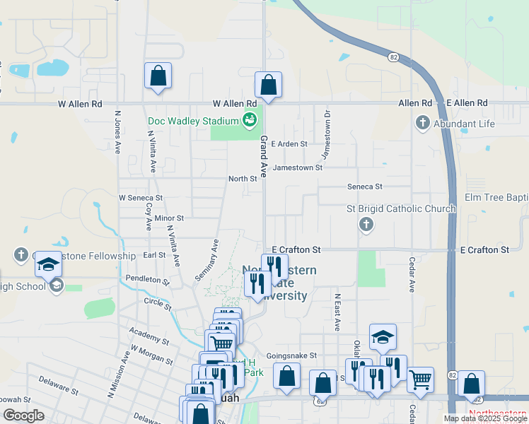 map of restaurants, bars, coffee shops, grocery stores, and more near 946 North Grand Avenue in Tahlequah