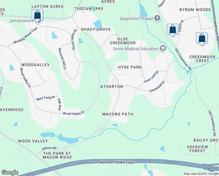 map of restaurants, bars, coffee shops, grocery stores, and more near 5209 Atherton Bridge Road in Raleigh