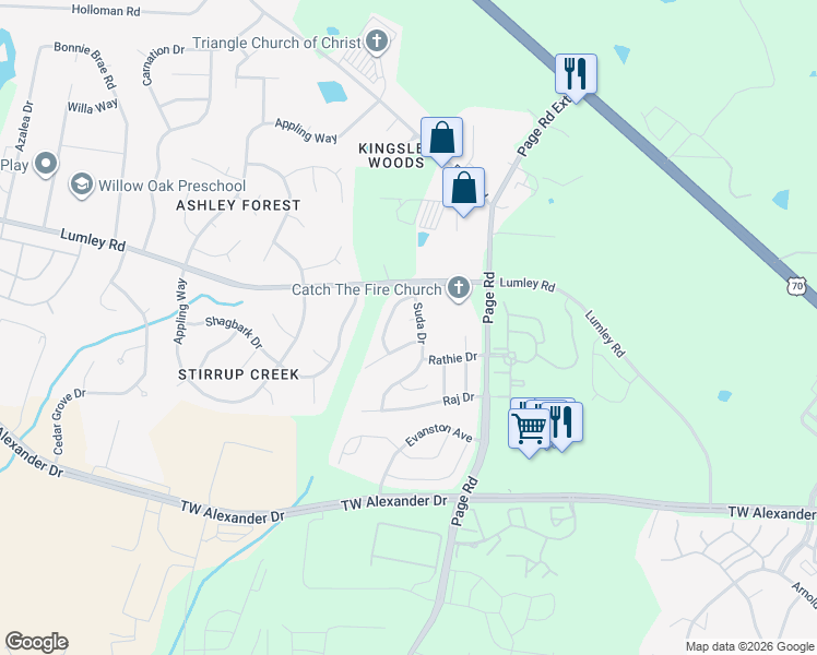 map of restaurants, bars, coffee shops, grocery stores, and more near 3 Om Court in Durham