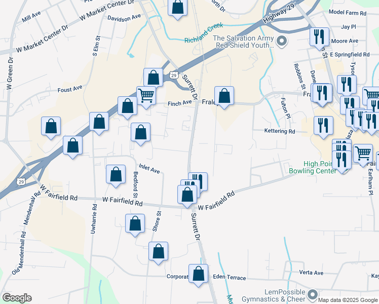 map of restaurants, bars, coffee shops, grocery stores, and more near 1100 Silver Court in High Point