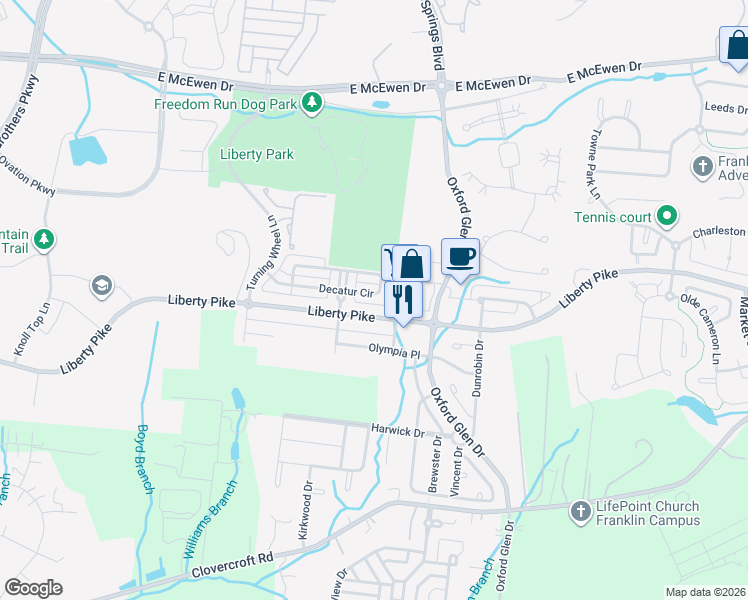map of restaurants, bars, coffee shops, grocery stores, and more near 1504 Decatur Circle in Franklin