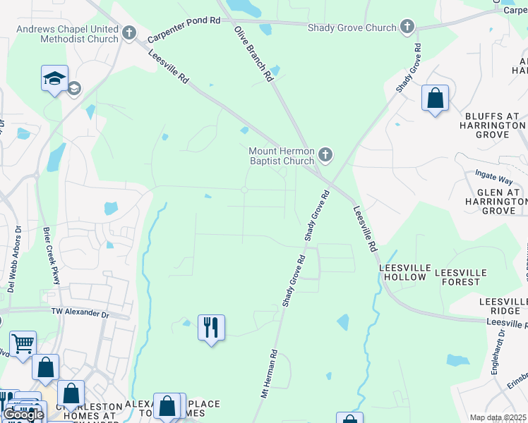 map of restaurants, bars, coffee shops, grocery stores, and more near 1015 Greatland Road in Durham