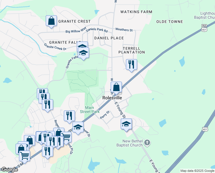 map of restaurants, bars, coffee shops, grocery stores, and more near 115 West Young Street in Rolesville