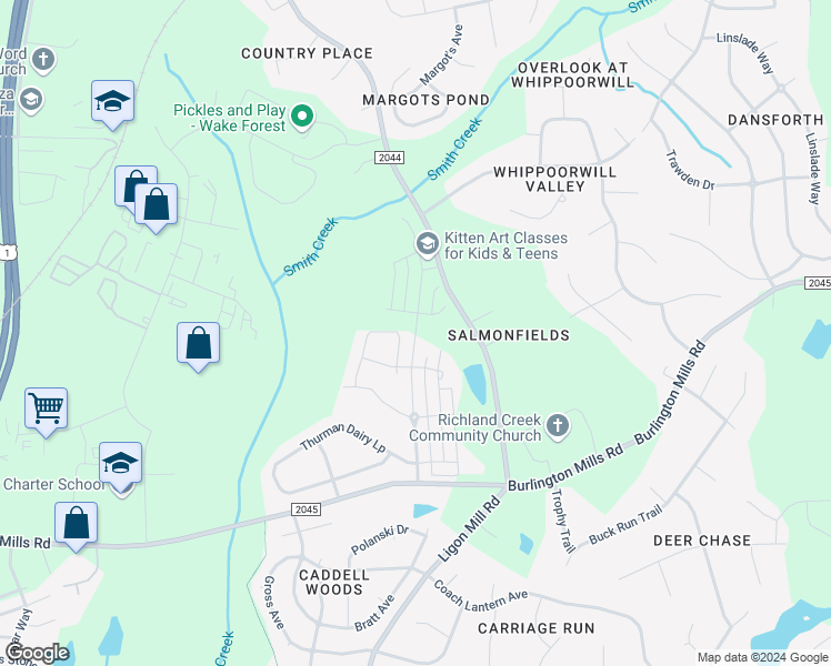 map of restaurants, bars, coffee shops, grocery stores, and more near 9212 Kitchin Farms Way in Wake Forest