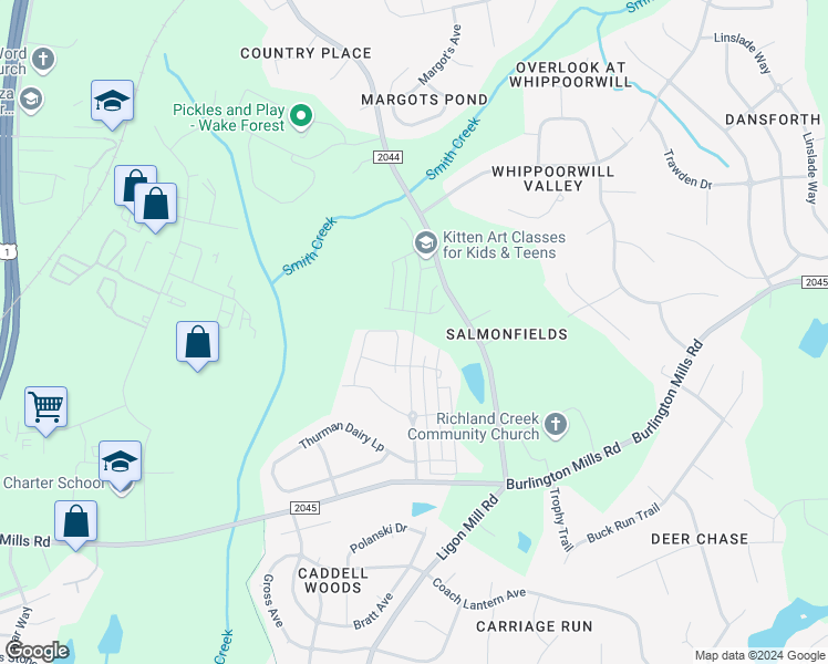 map of restaurants, bars, coffee shops, grocery stores, and more near 9204 Kitchin Farms Way in Wake Forest