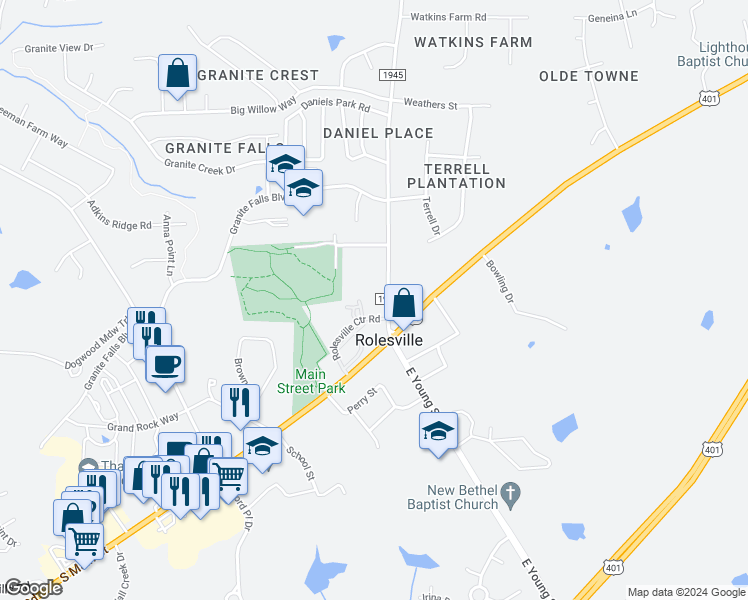 map of restaurants, bars, coffee shops, grocery stores, and more near 115 West Young Street in Rolesville