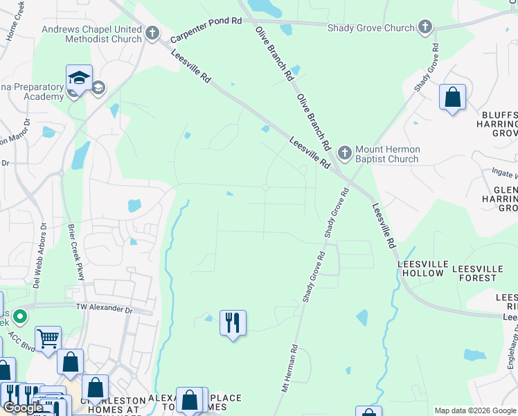 map of restaurants, bars, coffee shops, grocery stores, and more near 7218 Leesville Road in Durham