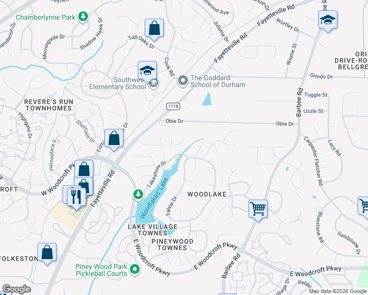 map of restaurants, bars, coffee shops, grocery stores, and more near 214 Hemmingwood Drive in Durham