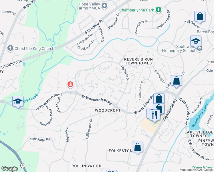 map of restaurants, bars, coffee shops, grocery stores, and more near 3960 Highgate Drive in Durham