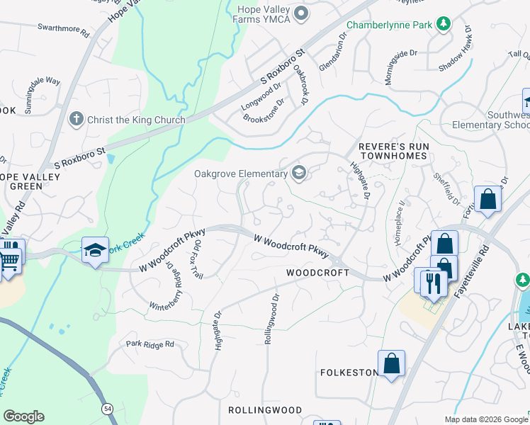 map of restaurants, bars, coffee shops, grocery stores, and more near 1048 West Woodcroft Parkway in Durham