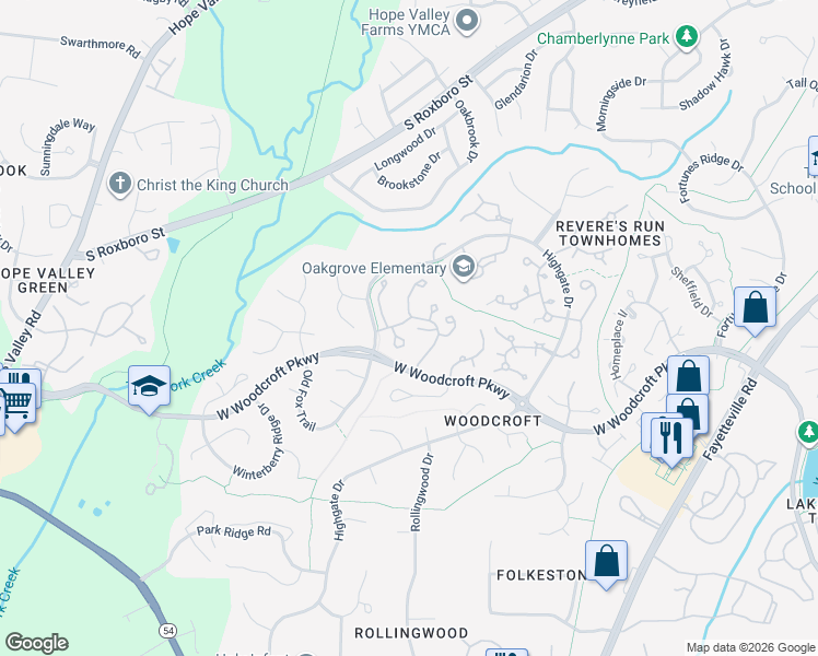 map of restaurants, bars, coffee shops, grocery stores, and more near 1048 West Woodcroft Parkway in Durham