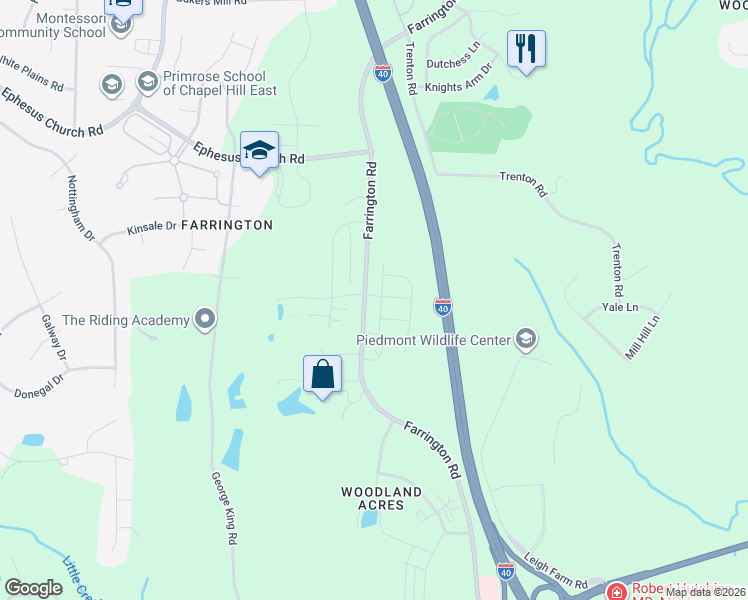map of restaurants, bars, coffee shops, grocery stores, and more near 5109 Farrington Road in Chapel Hill