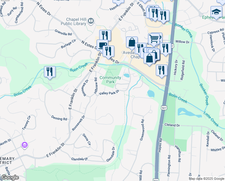 map of restaurants, bars, coffee shops, grocery stores, and more near a6 Camelot Drive in Chapel Hill