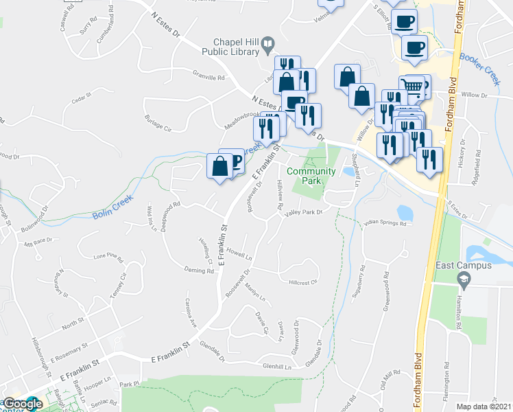 map of restaurants, bars, coffee shops, grocery stores, and more near 1206 Roosevelt Drive in Chapel Hill