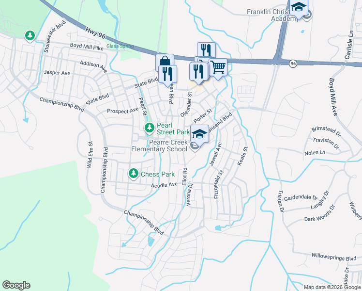 map of restaurants, bars, coffee shops, grocery stores, and more near 1828 Townsend Boulevard in Franklin