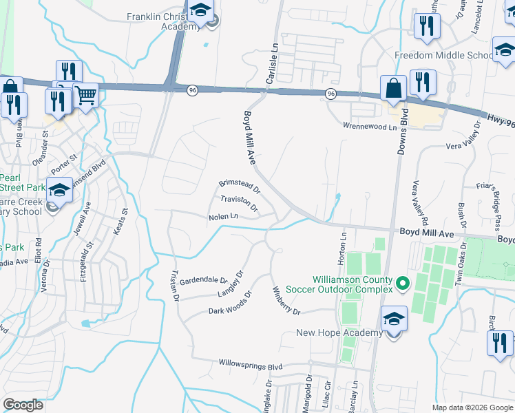 map of restaurants, bars, coffee shops, grocery stores, and more near 3104 Traviston Drive in Franklin