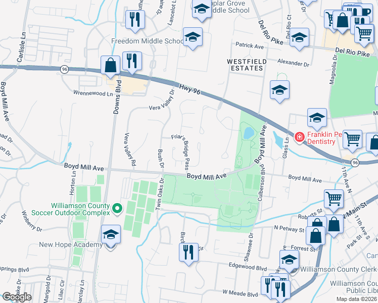 map of restaurants, bars, coffee shops, grocery stores, and more near 3134 Friar's Bridge Pass in Franklin