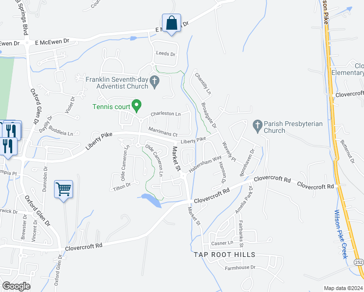 map of restaurants, bars, coffee shops, grocery stores, and more near 1743 Liberty Pike in Franklin
