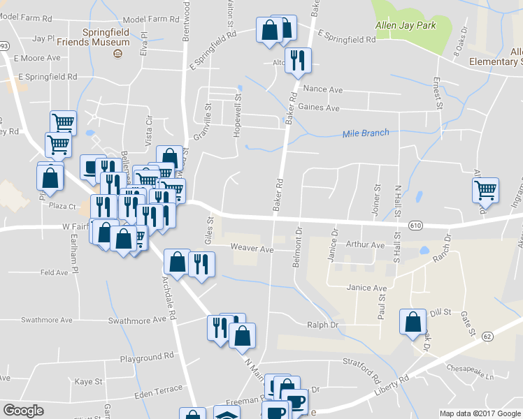 map of restaurants, bars, coffee shops, grocery stores, and more near 527 East Fairfield Road in High Point