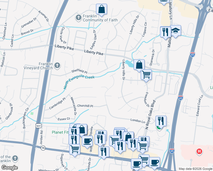 map of restaurants, bars, coffee shops, grocery stores, and more near 120 Wembly Court in Franklin
