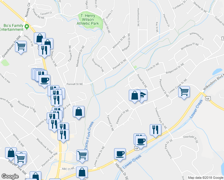 map of restaurants, bars, coffee shops, grocery stores, and more near 523 Woodhaven Street Northeast in Lenoir