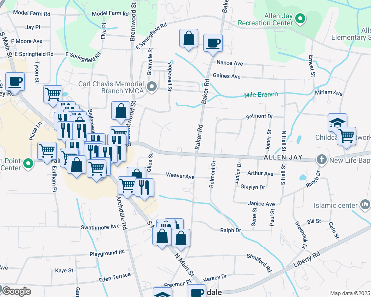 map of restaurants, bars, coffee shops, grocery stores, and more near 527 East Fairfield Road in High Point