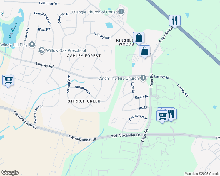 map of restaurants, bars, coffee shops, grocery stores, and more near 5425 Pageford Drive in Durham
