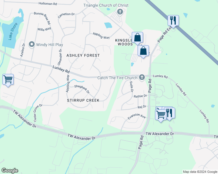 map of restaurants, bars, coffee shops, grocery stores, and more near 5425 Pageford Drive in Durham