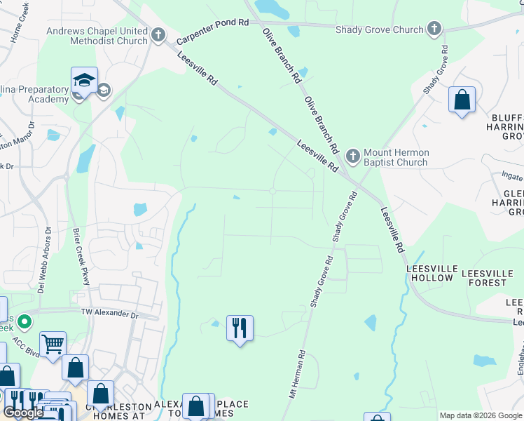 map of restaurants, bars, coffee shops, grocery stores, and more near 1107 Greatland Road in Durham